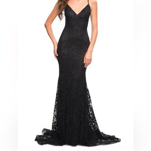 La Femme Black Backless Lace Gown
